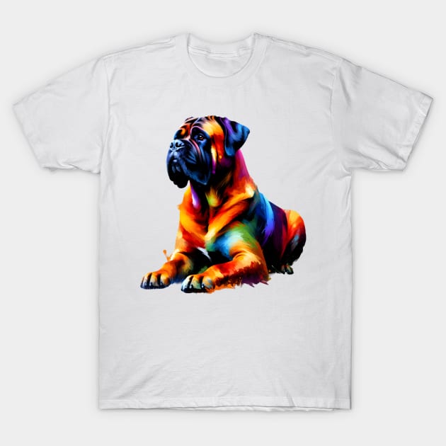 Abstract Colorful Splash Bullmastiff Sitting Portrait T-Shirt by ArtRUs